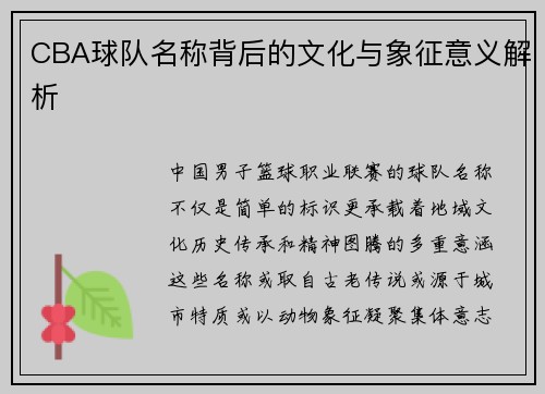 CBA球队名称背后的文化与象征意义解析