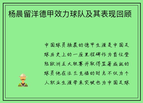杨晨留洋德甲效力球队及其表现回顾
